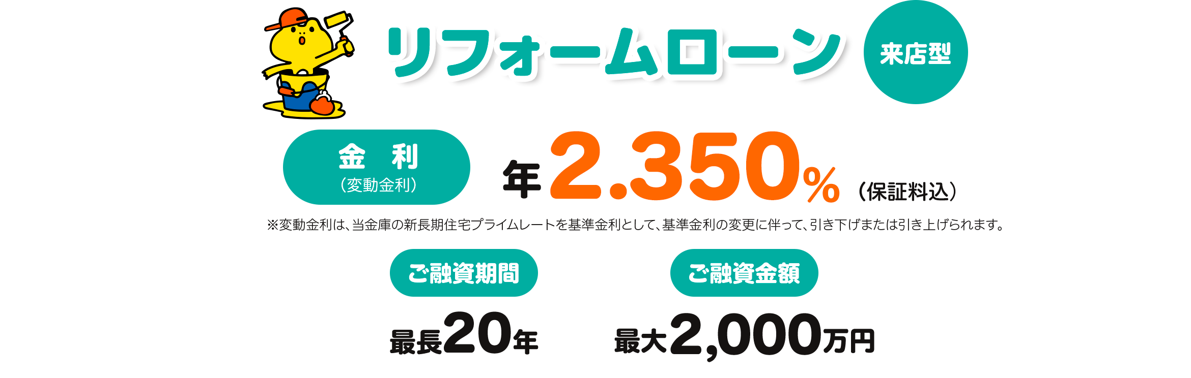 マイホームをもっと素敵に リフォームローン Web完結型 金利（変動金利） 年1.875％（保証料込） ※変動金利は、新長期住宅プライムレートを基準金利として、基準金利の変更に伴って、引き下げまたは引き上げられます。 ご融資金額 最大2,000万円 ご融資期間 最長20年