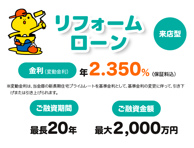 マイホームをもっと素敵に リフォームローン Web完結型 金利（変動金利） 年1.875％（保証料込） ※変動金利は、新長期住宅プライムレートを基準金利として、基準金利の変更に伴って、引き下げまたは引き上げられます。 ご融資金額 最大2,000万円 ご融資期間 最長20年